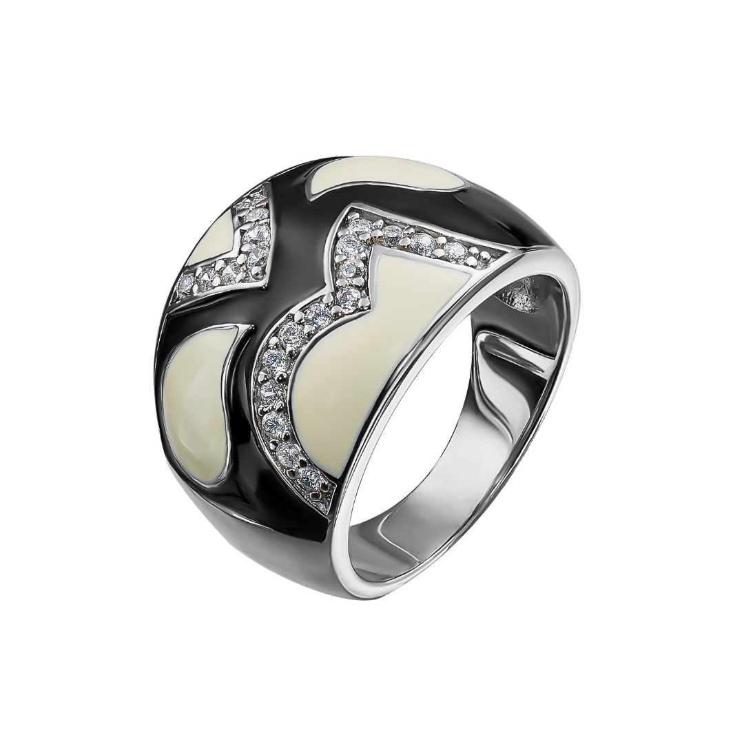 Серебряное широкое кольцо с бежевой и черной эмалью и куб. цирконами, родий Серебро,ГОНКОНГ
