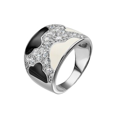Серебряное широкое кольцо с бежевой и черной эмалью и куб. цирконами, родий