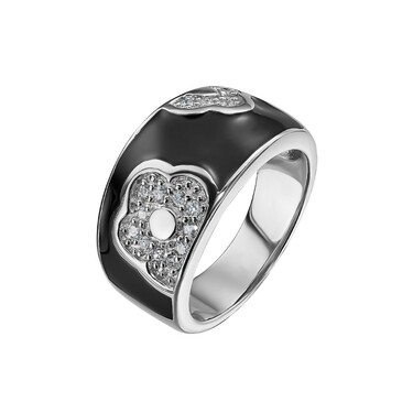 Серебряное широкое кольцо с бежевой и черной эмалью и куб. цирконами, родий