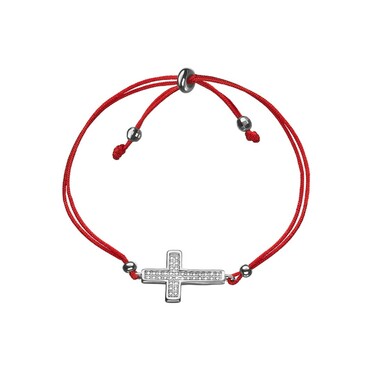 Браслет Красная нить "Крест" с фианитами, серебро, родий