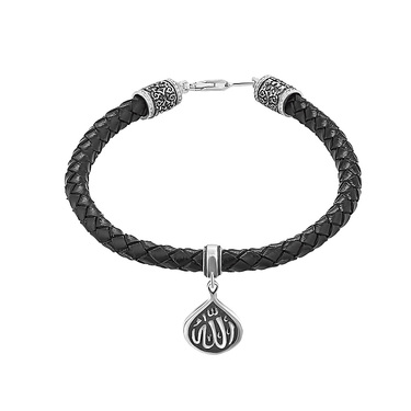 Мужской браслет из плетеной кожи 5 мм, с серебряным символом Ислама