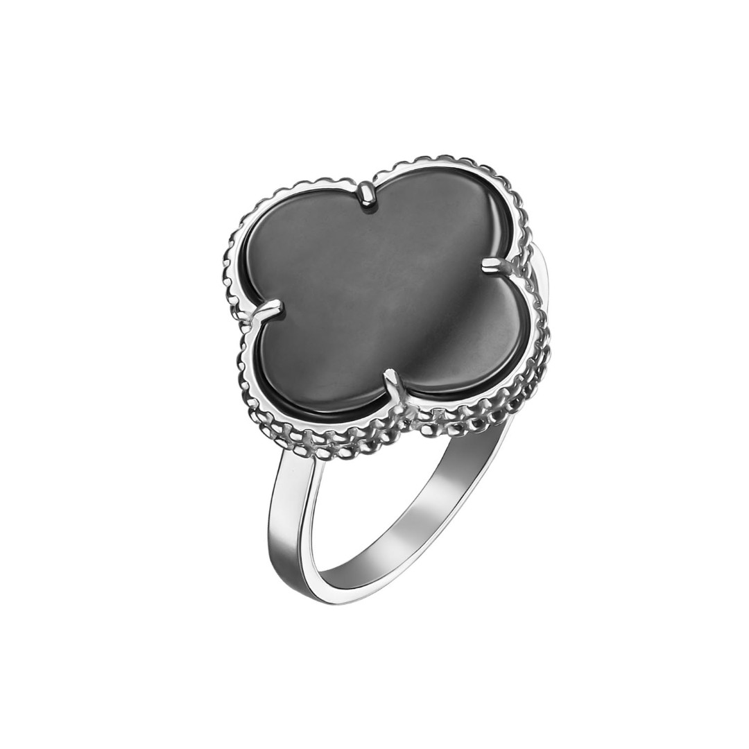 Серебряное кольцо Клевер / Четырехлистник с Натуральным черным Ониксом14мм, платинирование - купить в Ювелирном магазине Silveroff