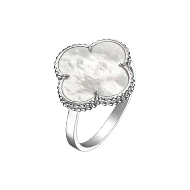 Серебряное кольцо Клевер / Четырехлистник с Натуральным темным Перламутром 14мм, платинирование