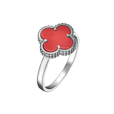 Серебряное кольцо Клевер / Четырехлистник с Натуральным красным Кораллом 10мм, платинирование