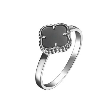 Серебряное кольцо Клевер / Четырехлистник с Натуральным черным Ониксом 8мм, платинирование