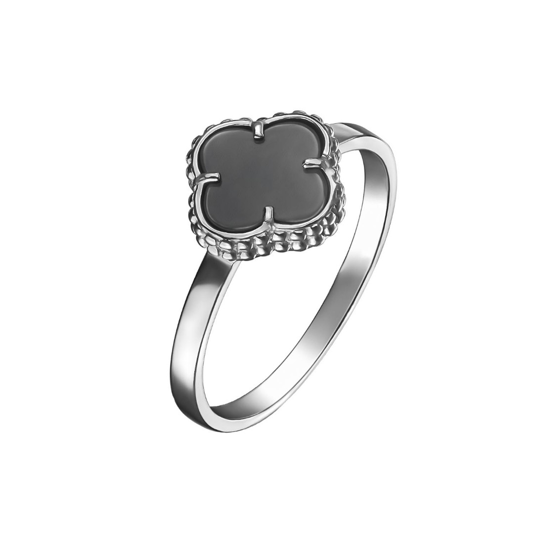 Серебряное кольцо Клевер / Четырехлистник с Натуральным черным Ониксом 8мм,платинирование - купить в Ювелирном магазине Silveroff