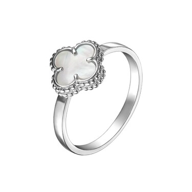 Серебряное кольцо Клевер / Четырехлистник с Натуральным светлым Перламутром 8мм, платинирование