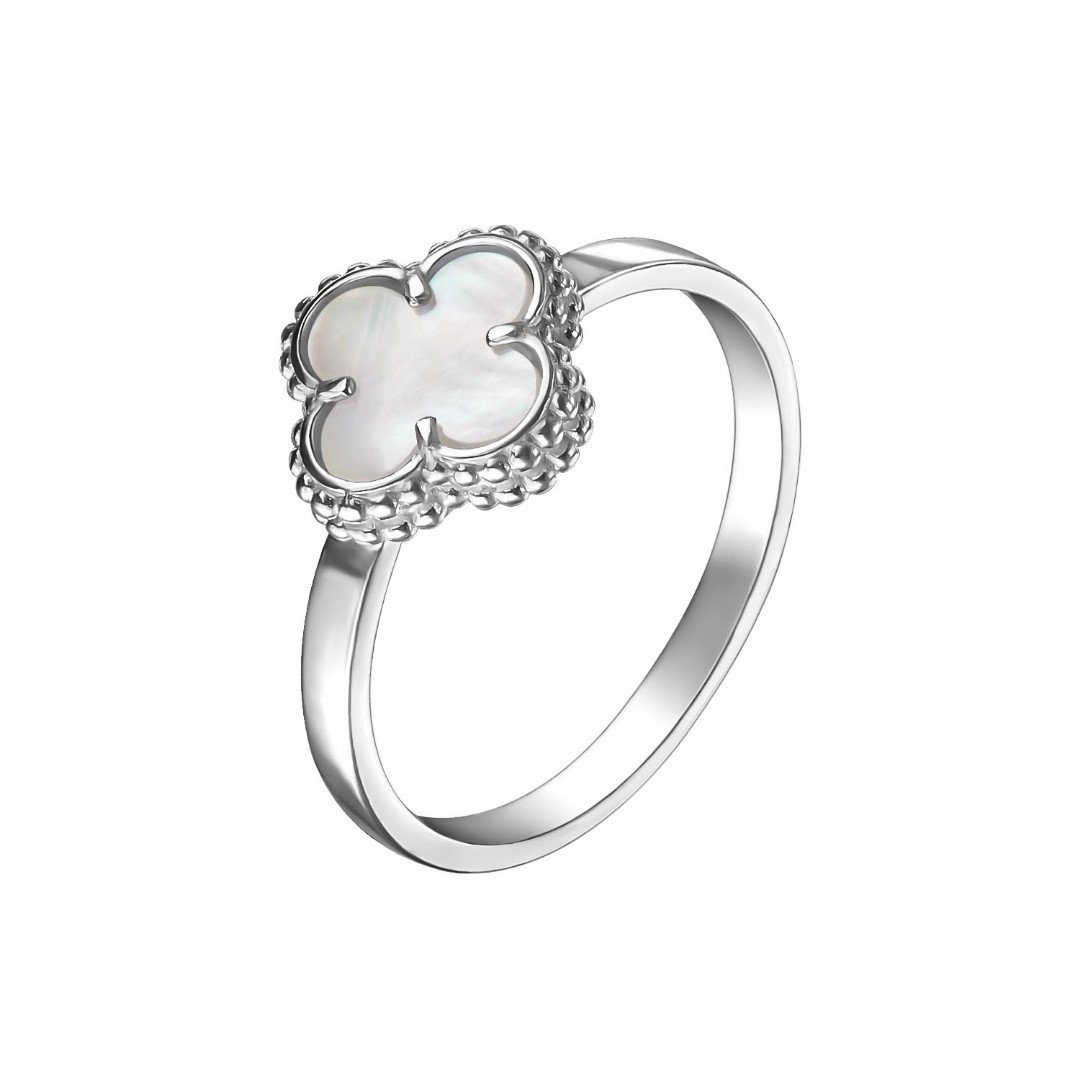 Серебряное кольцо Клевер / Четырехлистник с Натуральным светлым Перламутром 8мм, платинирование Кольцо,Серебро,с вставкой Перламутр натуральный Белая цвета,РОССИЯ