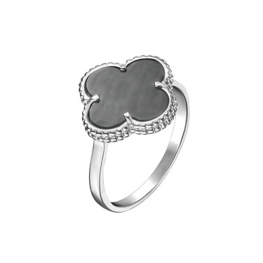 Серебряное кольцо Клевер / Четырехлистник с Натуральным черным Ониксом 12мм, платинирование