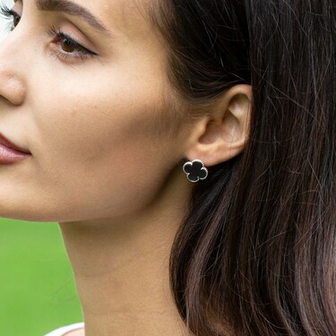 Серебряные серьги Клевер / Четырехлистник с Натуральным черным Ониксом 12мм, англ., платирование