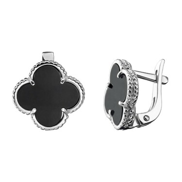 Серебряные серьги Клевер / Четырехлистник с Натуральным черным Ониксом 12мм, англ., платирование