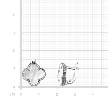 Серебряные серьги Клевер / Четырехлистник с Натуральным темным Перламутром 12мм, англ., платирование