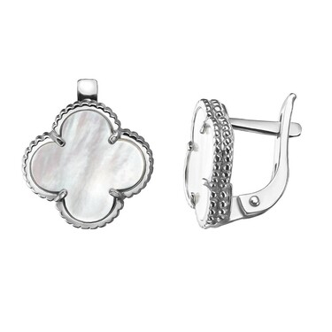 Серебряные серьги Клевер / Четырехлистник с Натуральным темным Перламутром 12мм, англ., платирование