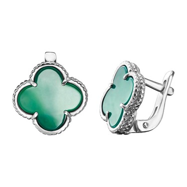 Серебряные серьги Клевер / Четырехлистник с Натуральным зеленым Агатом 12мм, английск., платирование