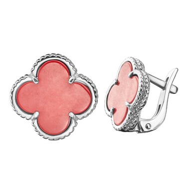 Серебряные серьги Клевер / Четырехлистник с Натуральным красным Кораллом 12мм, англ., платирование