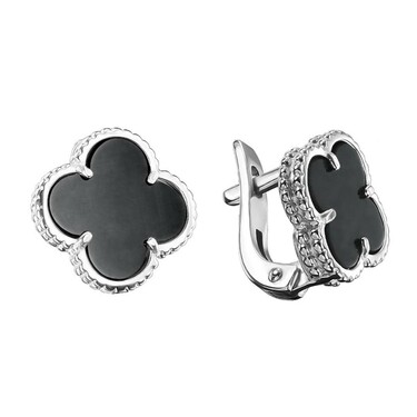 Серебряные серьги Клевер / Четырехлистник с Натуральным черным Ониксом 10мм, англ., платирование