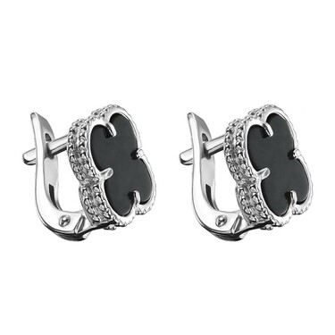 Серебряные серьги Клевер / Четырехлистник с Натуральным черным Ониксом 10мм, англ., платирование