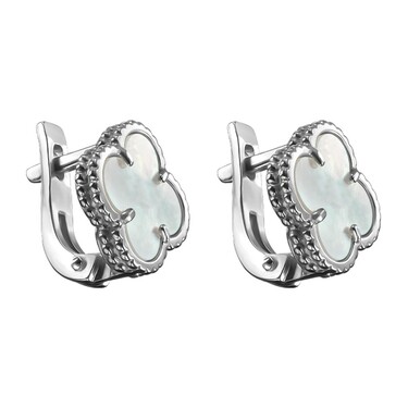 Серебряные серьги Клевер / Четырехлистник с Натуральным светлым Перламутром 10мм, англ, платирование