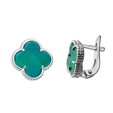 Серебряные серьги Клевер / Четырехлистник с Натуральным зеленым Агатом 10мм, английск., платирование