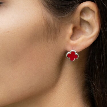 Серебряные серьги Клевер / Четырехлистник с Натуральным красным Кораллом 10мм, англ., платирование