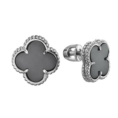 Серебряные серьги Клевер / Четырехлистник с Натуральным черным Ониксом 10мм, пусет, платирование
