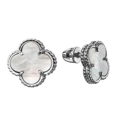 Серебряные серьги Клевер / Четырехлистник с Натуральным светлым Перламутром 10мм, пусет, платирован.