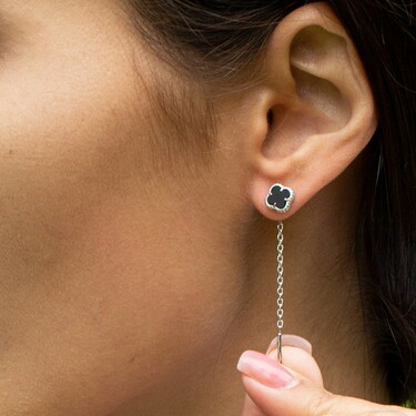 Серебряные серьги Клевер / Четырехлистник с Натуральным черным Ониксом 6мм, протяжка, платирование