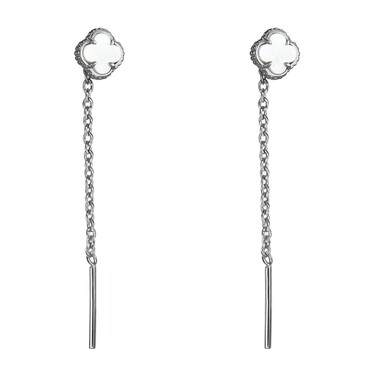 Серебряные серьги Клевер / Четырехлистник с Натуральным светлым Перламутром 6мм, протяжка, платина