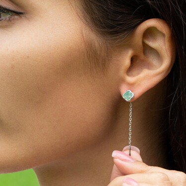 Серебряные серьги Клевер / Четырехлистник с Натуральным зеленым Агатом 6мм, протяжка, платирование