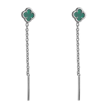 Серебряные серьги Клевер / Четырехлистник с Натуральным зеленым Агатом 6мм, протяжка, платирование