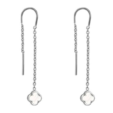 Серебряные серьги Клевер / Четырехлистник с Натуральным светлым Перламутром 6мм, протяжка, платина