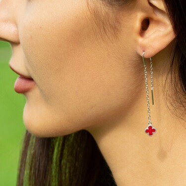 Серебряные серьги Клевер / Четырехлистник с Натуральным красным Кораллом 6мм, протяжка, платирование