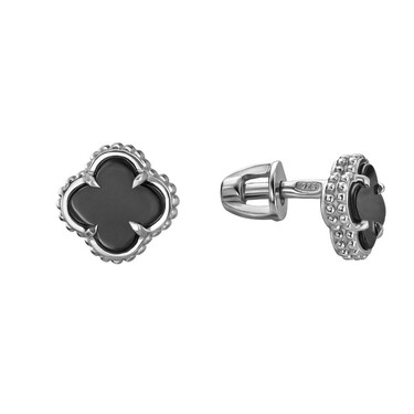 Серебряные серьги Клевер / Четырехлистник с Натуральным черным Ониксом 6мм, пусет, платирование