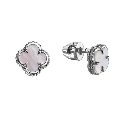 Серебряные серьги Клевер / Четырехлистник с Натуральным светлым Перламутром 6мм, пусет, платирование
