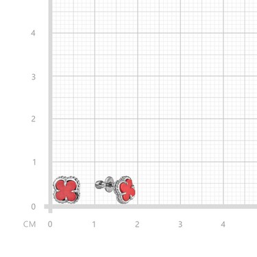 Серебряные серьги Клевер / Четырехлистник с Натуральным красным Кораллом 6мм, пусет, платирование