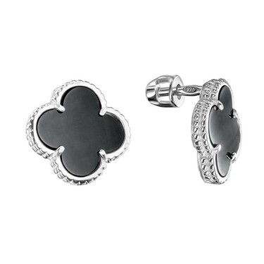 Серебряные серьги Клевер / Четырехлистник с Натуральным черным Ониксом 12мм, пусет, платирование