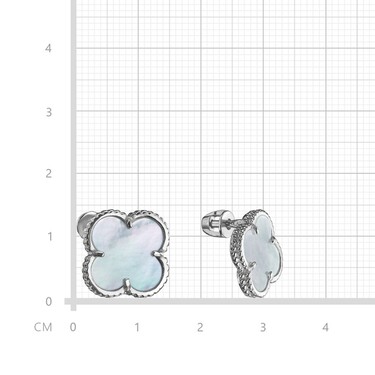 Серебряные серьги Клевер / Четырехлистник с Натуральным светлым Перламутром 12мм, пусет, платина