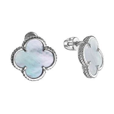 Серебряные серьги Клевер / Четырехлистник с Натуральным светлым Перламутром 12мм, пусет, платина