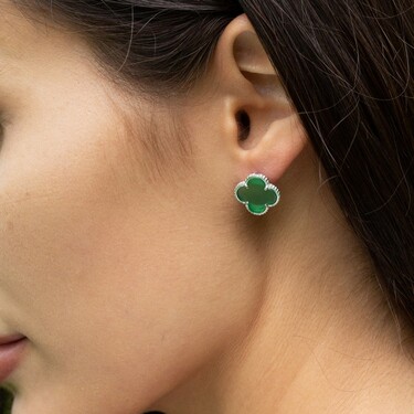 Серебряные серьги Клевер / Четырехлистник с Натуральным зеленым Агатом 12мм, пусет, платирование