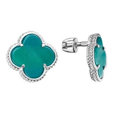 Серебряные серьги Клевер / Четырехлистник с Натуральным зеленым Агатом 12мм, пусет, платирование