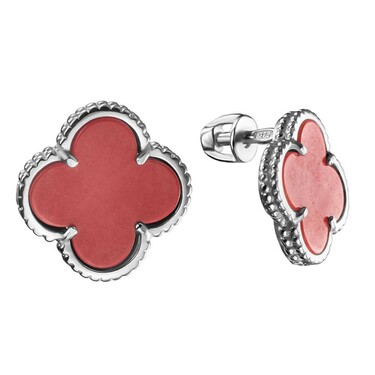 Серебряные серьги Клевер / Четырехлистник с Натуральным красным Кораллом 12мм, пусет, платирование