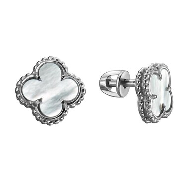 Серебряные серьги Клевер / Четырехлистник с Натуральным светлым Перламутром 8мм, пусет, платирование
