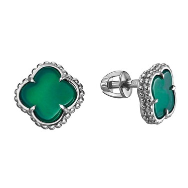 Серебряные серьги Клевер / Четырехлистник с Натуральным зеленым Агатом 8мм, пусет, платирование
