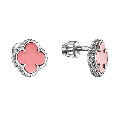 Серебряные серьги Клевер / Четырехлистник с Натуральным красным Кораллом 8мм, пусет, платирование