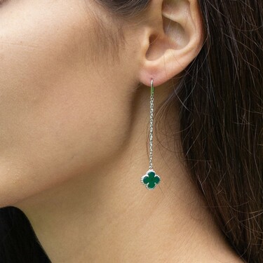 Серебряные серьги Клевер / Четырехлистник с Натуральным зеленым Агатом 8мм, протяжка, платирование