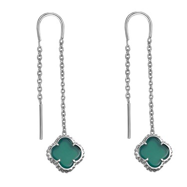 Серебряные серьги Клевер / Четырехлистник с Натуральным зеленым Агатом 8мм, протяжка, платирование