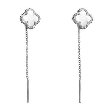 Серебряные серьги Клевер / Четырехлистник с Натуральным светлым Перламутром 8мм, протяжка, платина