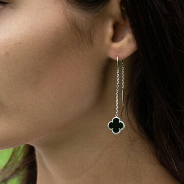 Серебряные серьги Клевер / Четырехлистник с Натуральным черным Ониксом 8мм, протяжка, платирование