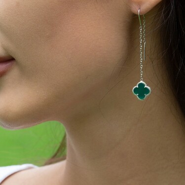 Серебряные серьги Клевер / Четырехлистник с Натуральным зеленым Агатом 8мм, протяжка, платирование