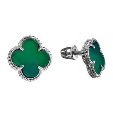 Серебряные серьги Клевер / Четырехлистник с Натуральным зеленым Агатом 10мм, пусет, платирование